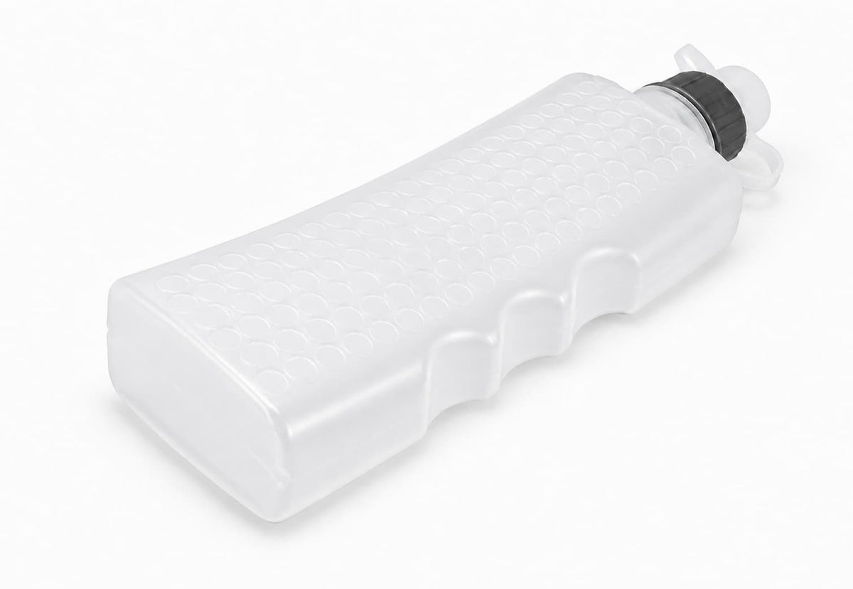 Vitaract Arc water bottle on a white background, showing its flat curved body, finger grooves and dimpled texture