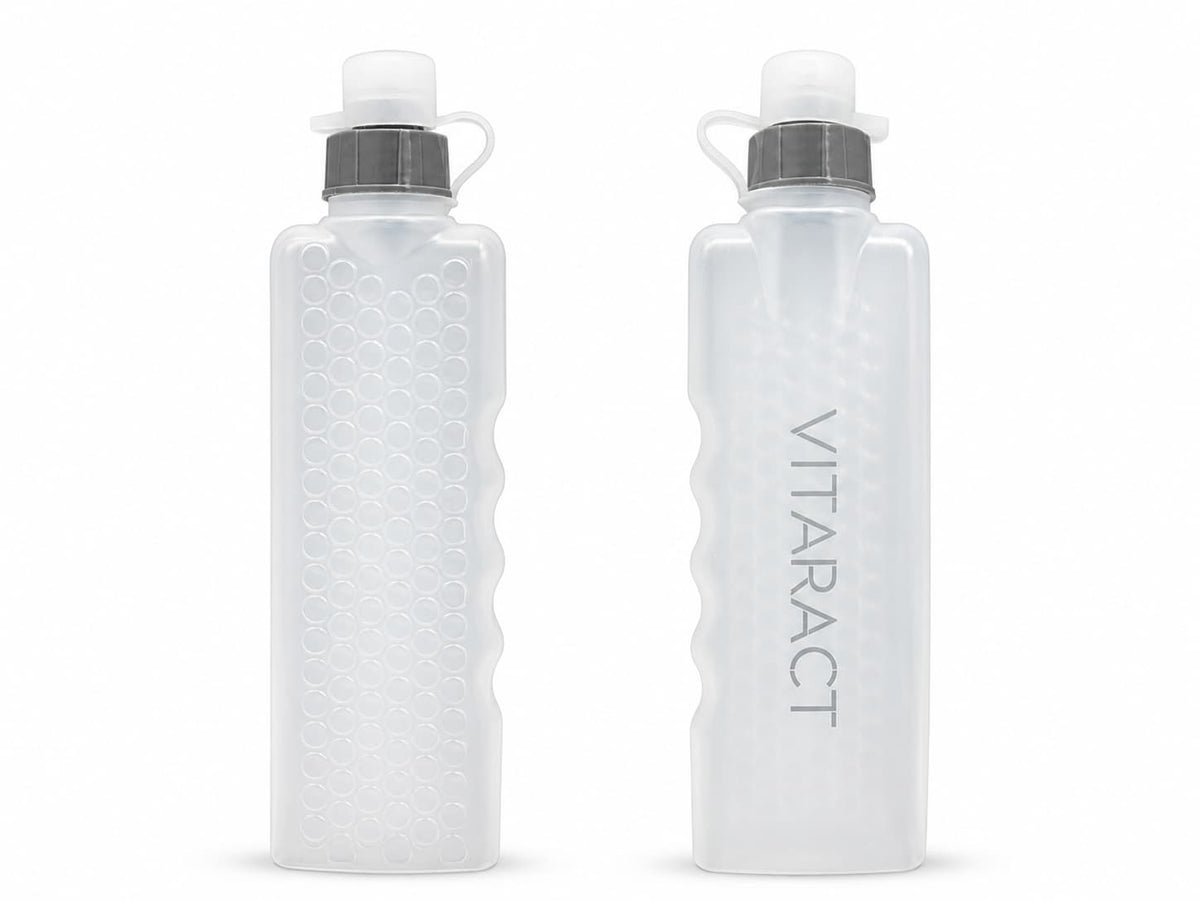 Front and back view of the Vitaract Arc water bottle, showing the dimpled grip face and the branded face with the VITARACT logo