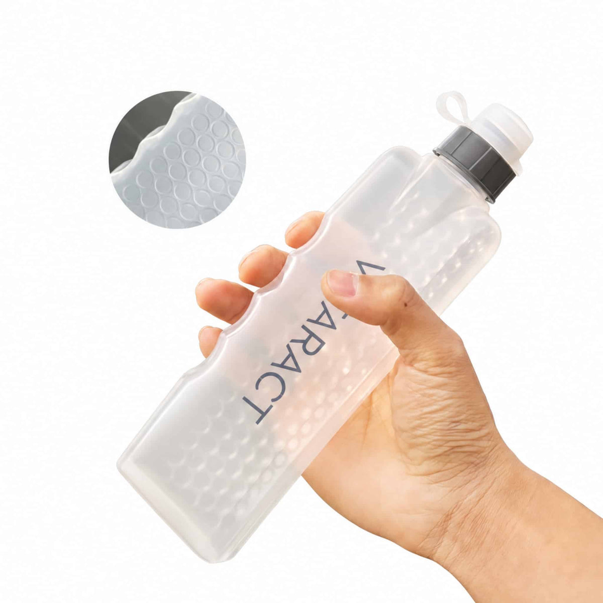 Hand holding the frosted Vitaract Arc water bottle, with a close-up inset of its dimpled non-slip grip texture
