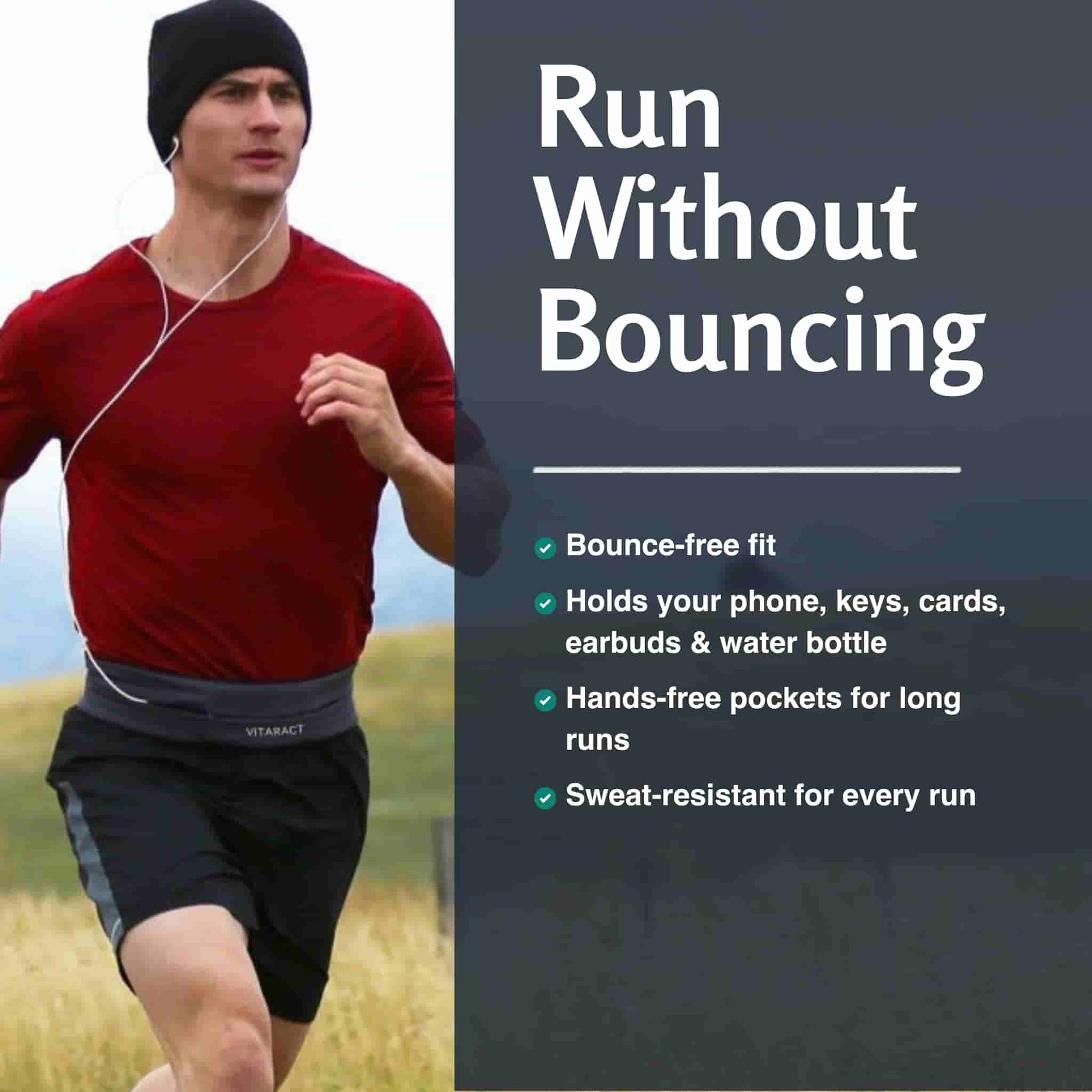 Vitaract bounce-free running belt for men, holding a phone, keys, cards, earbuds and water bottle hands-free during a run — sweat-resistant running waist belt