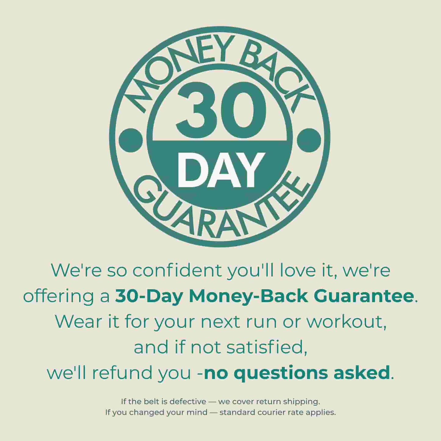 Vitaract 30-day money-back guarantee badge — wear the running belt for your next run or workout and get a no-questions-asked refund if not satisfied