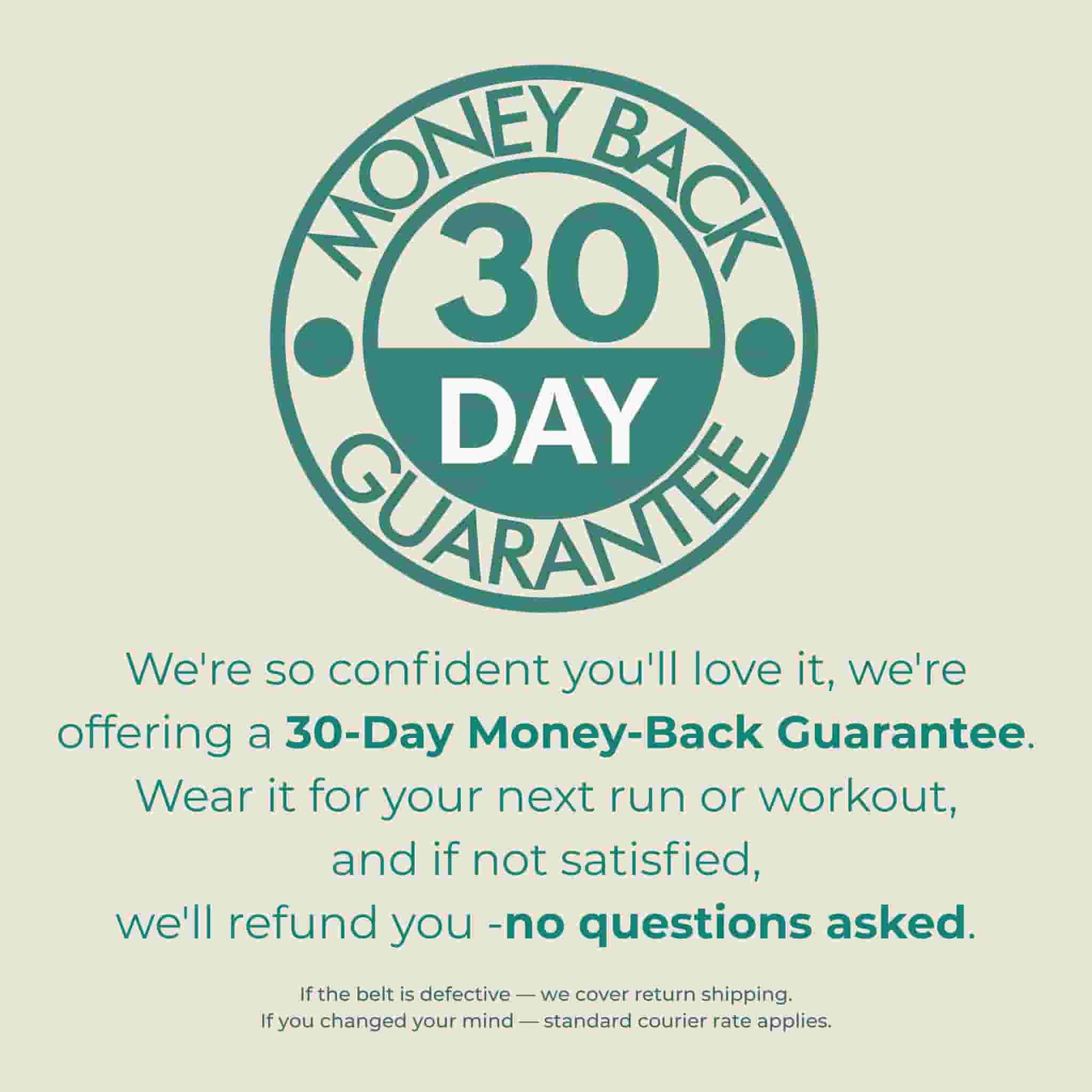 Vitaract 30-day money-back guarantee badge — wear the running belt for your next run or workout and get a no-questions-asked refund if not satisfied