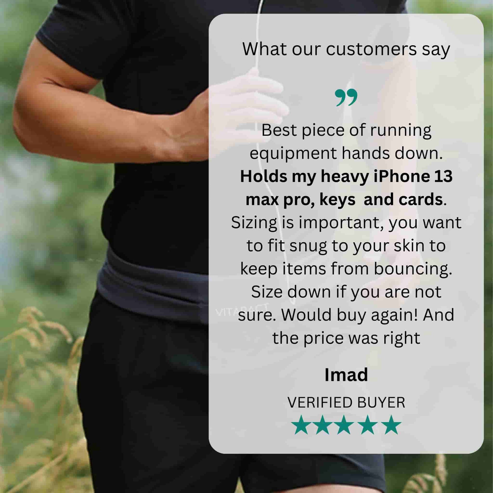 Five-star verified customer review of the Vitaract running belt from Imad, praising it for holding a heavy iPhone 13 Pro Max, keys and cards without bouncing — shown over a photo of a man wearing the belt while running